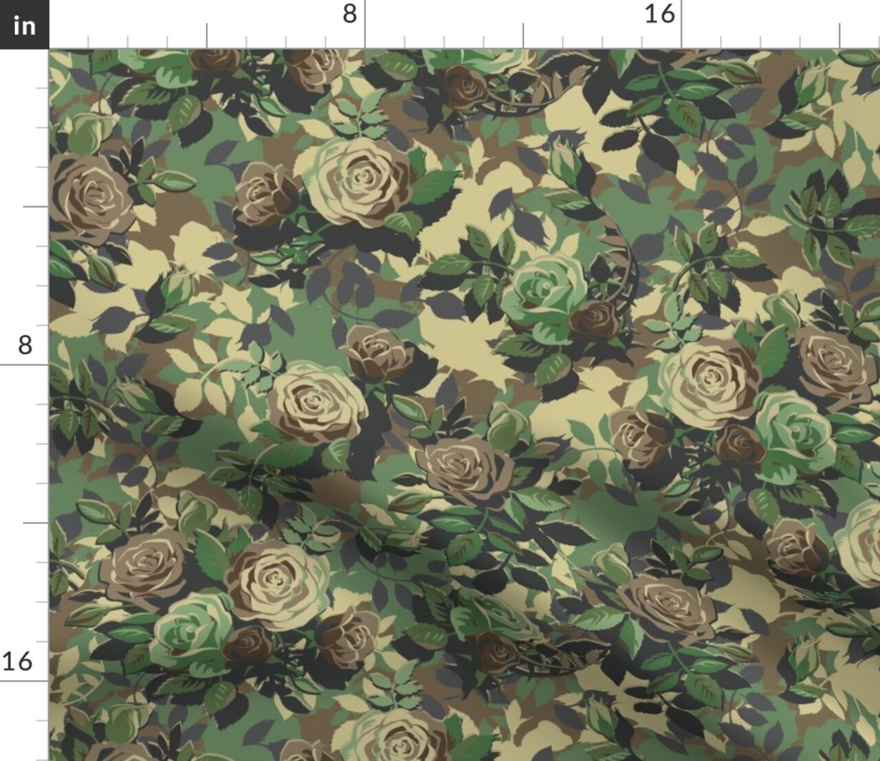 Camo Rose Green Flowers Leaves Brown Custom Printed Fabric by Spoonflower Various Fabrics by the Yard or Fat Quarter